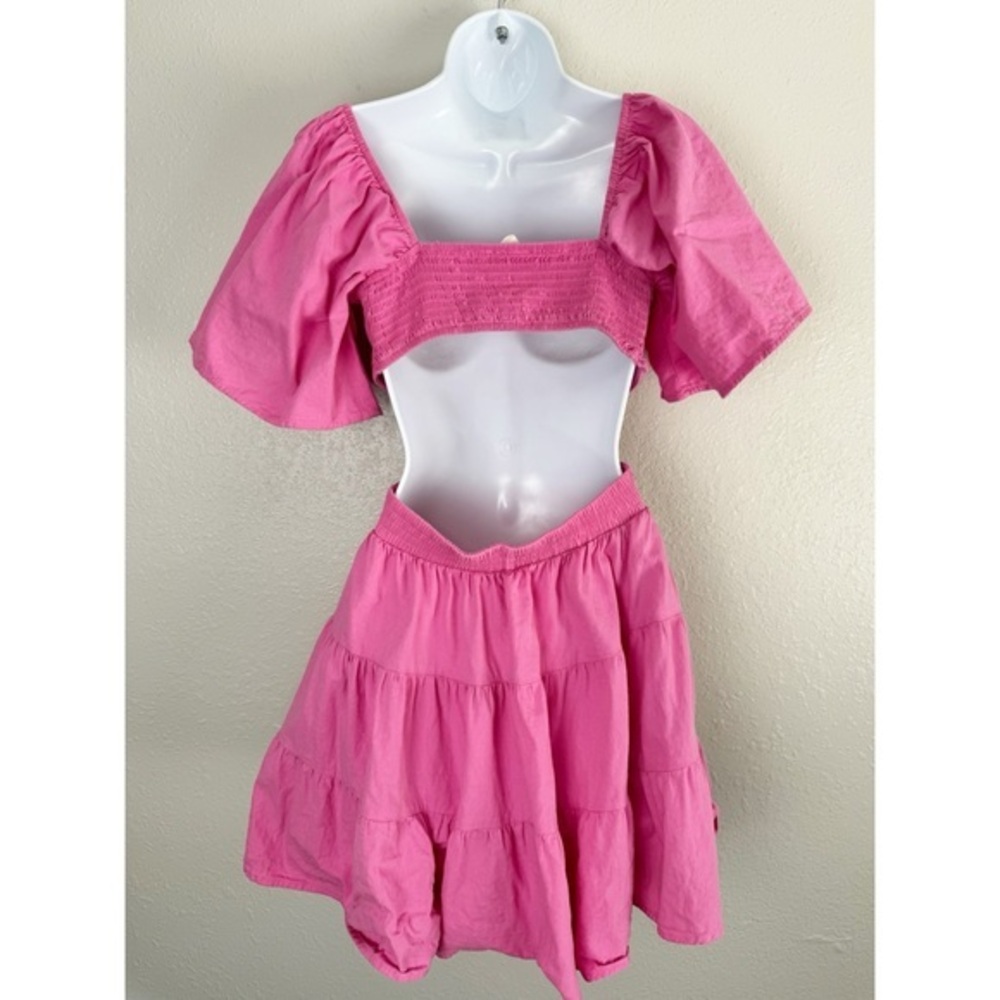 Shy Velvet pink square neck crossover smocked waist cutout mini dress S - Picture 7 of 11